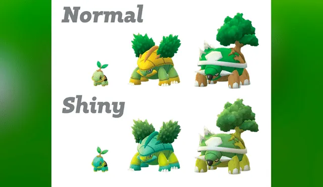 Turtwig, Grotle y Torterra en su variante normal y shiny dentro de Pokémon GO.