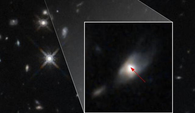 En la imagen se aprecia el brillo inusual captado por Hubble debajo de la flecha roja | Foto: NASA, ESA, W. Fong (Northwestern University), y T. Laskar (University of Bath, UK)
