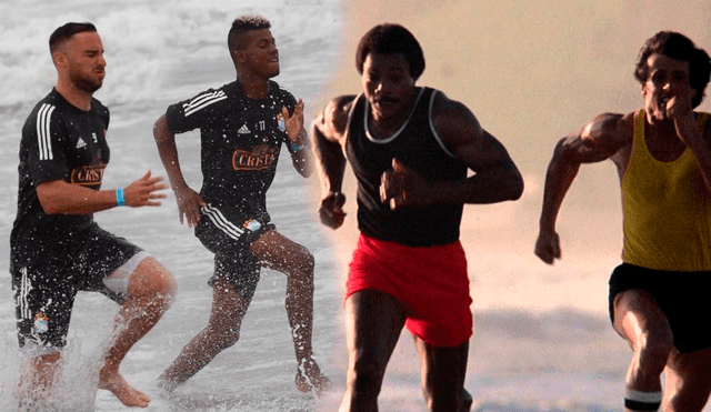 Jugadores de Sporting Cristal realizaron trabajos en la playa y compararon entrenamiento que hicieron Emanuel Herrera y Washington Corozo con conocida escena de la película ‘Rocky 3’.