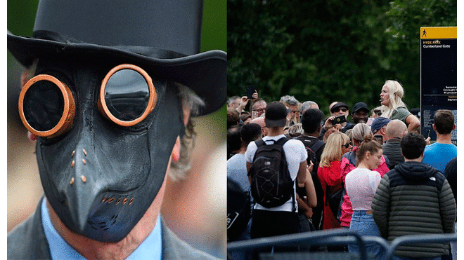 Uno de los presentes llevaba una máscara de los doctores de la Peste Negra. Foto: Composición / PA / AFP.