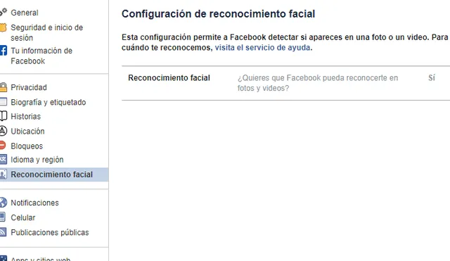Busca la opción 'Reconocimiento facial' y la activas. Foto: Captura / Facebook.