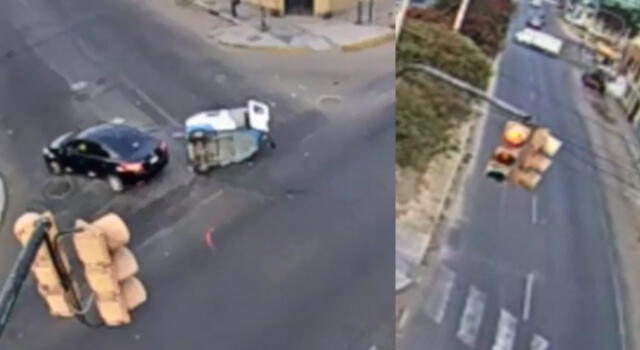 Tacna: Mototaxi no respetó luz roja de semáforo y sufre aparatoso accidente de tránsito [VIDEO]​​​​​​​