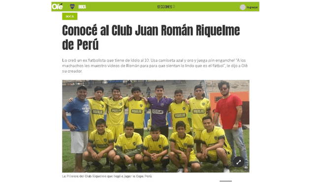 Club Juan Román Riquelme de Trujillo en noticia en diario Olé al llevar nombre de ídolo de Boca Juniors.