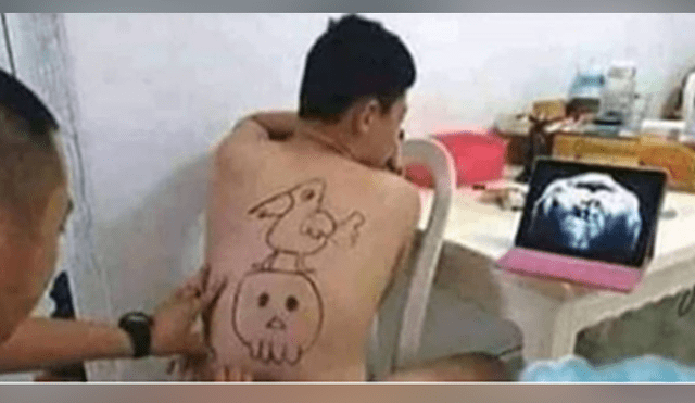 Un video viral de Facebook muestra el curioso tatuaje que hizo un inexperto tatuador en la espalda de su cliente.