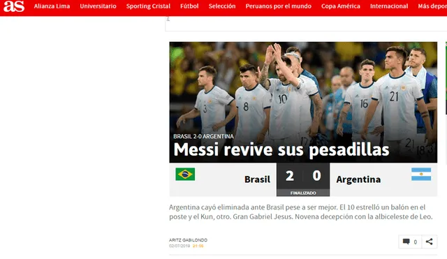 Prensa argentina reaccionó tras la eliminación de su selección ante Brasil en la Copa América 2019. | Foto: AS