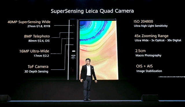 El Huawei Mate Xs cuenta con un sistema de cuatro cámaras: 40 MP (gran angular) + 16 MP (ultra gran angular) + 8 MP (telefoto), Time-of-Flight (TOF).