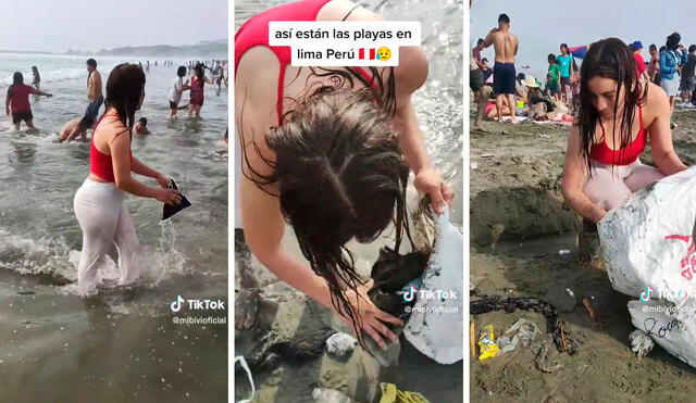 Desde botellas de plásticos, envolturas de comida y hasta prendas viejas fue lo que recogió la joven extranjera. Foto: composición LR/TikTok/@mibivioficial