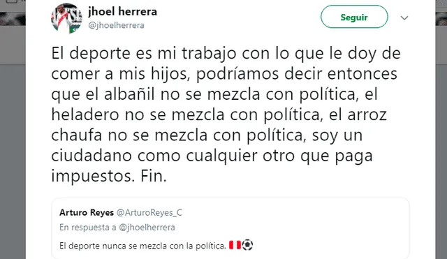 Cibernauta le pide a Jhoel Herrera que no hable de política y futbolista le da contundente respuesta