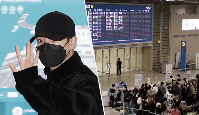 Jungkook saluda a fans y prensa coreana en el aeropuerto ICN (6 diciembre 2021). Foto: News1/Newsen