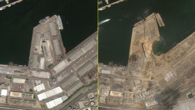 Imágenes del antes y después de la explosión en Beirut, a la izquierda y derecha respectivamente. Crédito: PerúSAT-1/CONIDA.