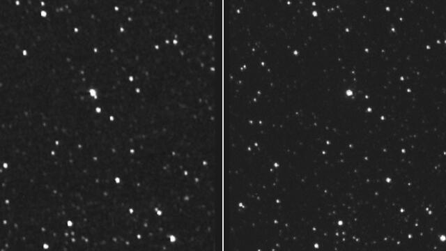 Estrella Próxima Centauri, vista desde la nave New Horizons (izquierda) y desde la Tierra (derecha). Crédito: NASA.