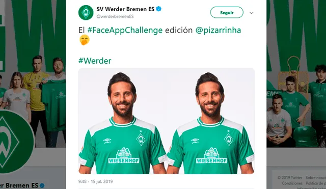 Werder Bremen publicó en Twitter una supuesta fotografía de Claudio Pizarro con el filtro FaceApp.