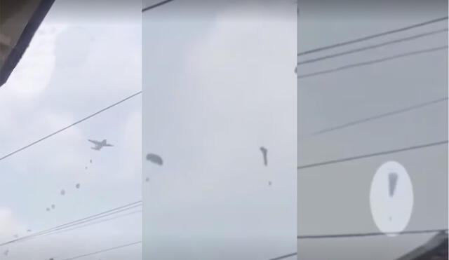 En el video, se ve cómo, a diferencia de sus compañeros, el paracaídas del soldado indonesio no logra abrirse. Foto: captura Contrapunto