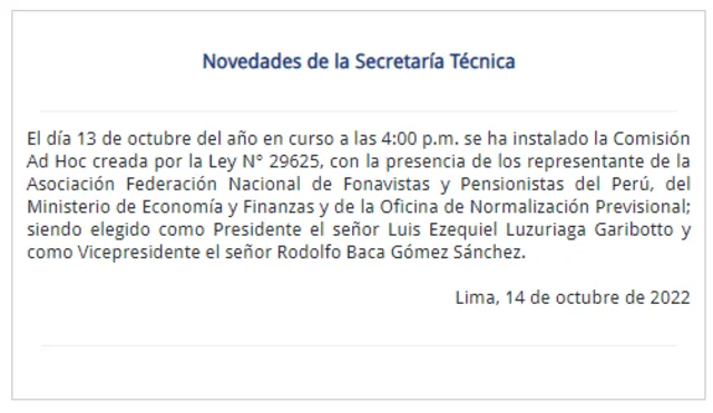 Comunicado de secretaría técnica.