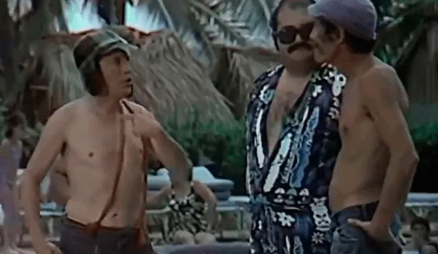 El chavo, Don Ramón y el Señor Barriga conversan en la piscina. (Foto: captura Youtube)