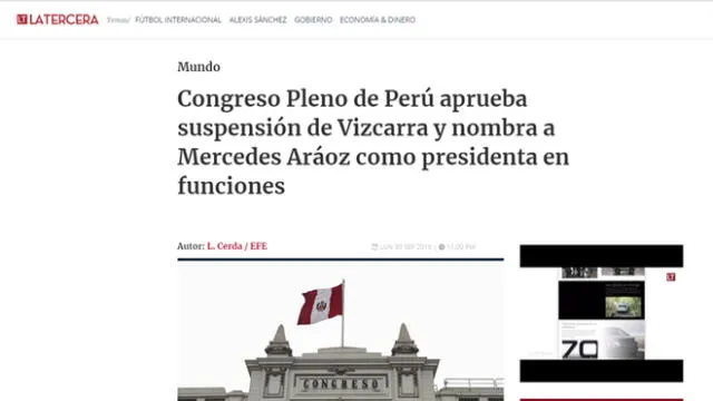 Así informan los medios internacionales sobre la vacancia a Martín Vizcarra y ascenso de Mercedes Aráoz a la presidencia interina del Perú. Foto: Captura