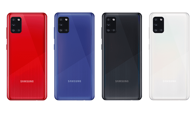 El Galaxy A31 en color Prism Crush White (blanco), Prism Crush Black (negro), Prism Crush Blue (azul) y Prism Crush Red (rojo).