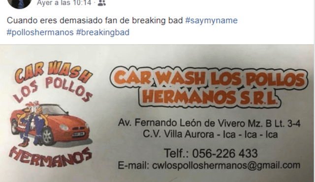 Vía Facebook: Negocio peruano de lavado de autos se inspira en Breaking Bad y alegra a fanáticos de la serie [FOTO]
