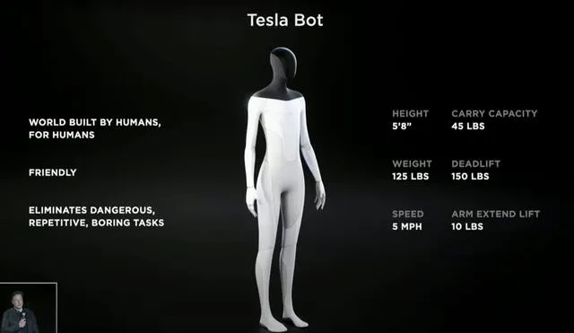 Este es el concepto del Tesla Bot: 56 kg de peso, 1,72 cm de alto y llega a una velocidad de 8 km/h cuando corre. Foto: Al Day / difusión