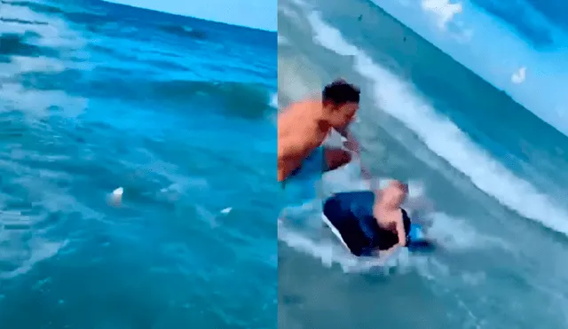El agente que se encontraba fuera de servicio se lanzó al mar para salvar al menor del acecho de un tiburón en una playa de Florida. Foto: Captura/Policía de Cocoa Beach