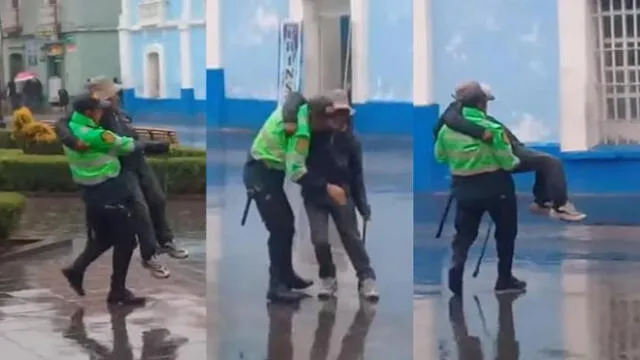 Puno: Policía carga a anciano para ayudarlo a cruzar plaza en plena lluvia [VIDEO] 