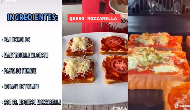 Desliza las imágenes para saber cómo preparar esta exquisita pizza casera elaborada a base de pan de molde. Foto: captura de TikTok/@lacuchara_recetas