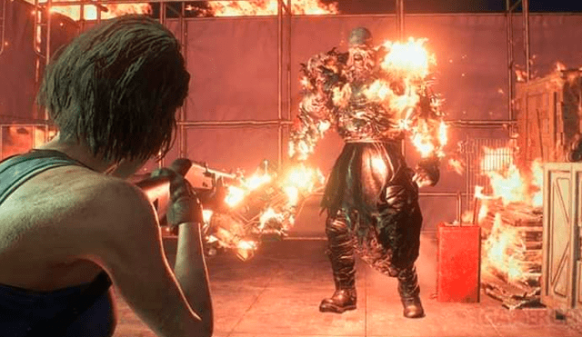 Jill Valentine apuntándole con una escopeta a Nemesis cubierto en llamas.