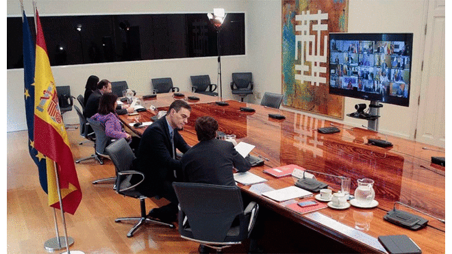 Sexta reunión de Pedro Sánchez con los presidentes autonómicos para abordar la crisis del coronavirus. Foto: RTVE