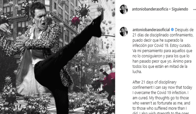 Antonio Banderas revela en Instagram que superó la COVID-19 y envía mensaje de aliento a los infectados