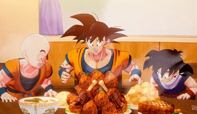 Krillin, Goku y Gohan en el mini juego de comer dentro de Dragon Ball Z Kakarot.