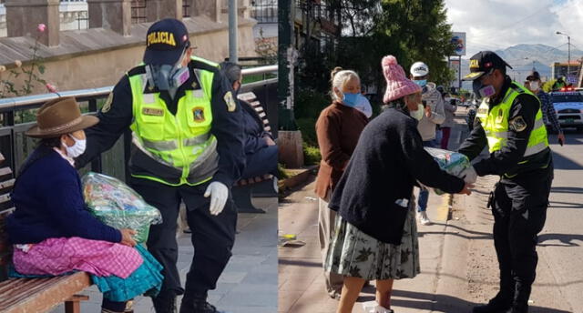 Policías recorrieron calles de Cusco para entregar canastas.