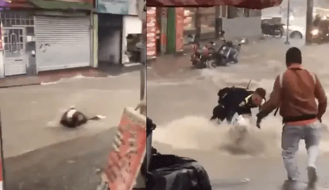 El joven patrullero que estaba presente en el zona se lanzó en medio de la corriente de agua para ayudarla. Foto y video: @FranciscoporBta