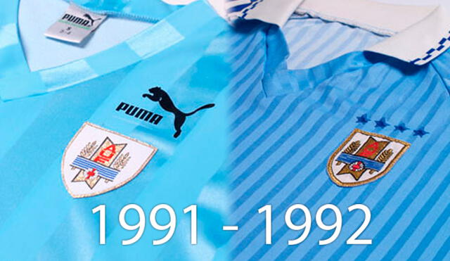 Camiseta de la selección uruguaya en 1991 (sin estrellas) y 1992 (con 4 estrellas). Foto: Composición LR/Football Vintage Shirts
