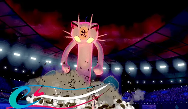 Meowth con el Gigamax en un combate dentro de Pokémon Espada y Escudo.