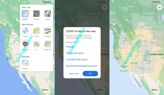 La nueva interfaz de Google Maps con la integración del apartado de COVID-19. | Foto: Jane Manchun Wong / Twitter