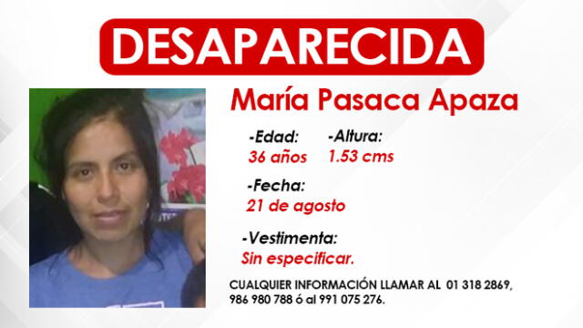 En caso de conocer el paradero de la mujer desaparecida, comunicarse con la familia a los siguientes números:  01 318 2869, 986 980 788 o al 991 075 276.