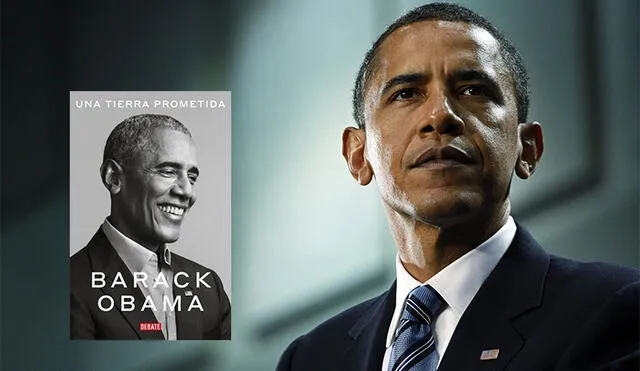 Expresidente estadounidense Barack Obama junto a la portada de sus memorias
