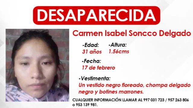 Carmen Isabel Soncco Delgado (31) lleva más de una semana desaparecida.