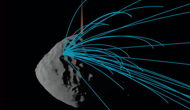 Las rayas azules muestran la trayectoria de las partículas que salen del asteroide. Algunas regresan a la superficie. Crédito: NASA.