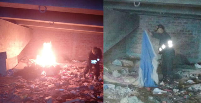 Serenos queman frazadas y ropa de indigentes en torrenteras de Arequipa  [FOTOS Y VIDEO] 