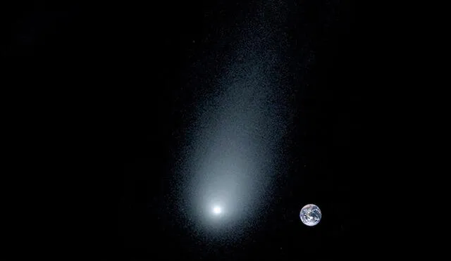 Imagen del cometa Borisov, comparado con la Tierra, 13 veces más pequeña que la cola del objeto interestelar. Foto: Universidad de Yale.