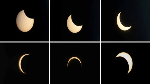 (COMBO) This combination of pictures created on June 21, 2020 shows the moon moving in front of the sun during an annular solar eclipse as seen from Lahore on June 21, 2020. (Photo by Arif ALI / AFP)