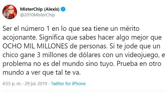 Mister Chip arremete contra los que criticaron los 3 millones de dólares que se ganó el campéon mundial de Fortnite.