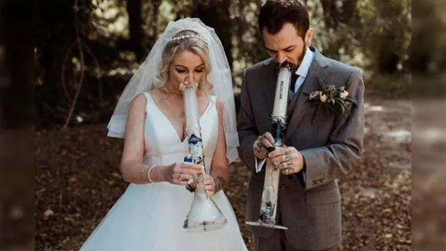 El matrimonio de Coral y Mio fue en California y las fotos compartidas en Facebook representan la curiosa historia de amor entre los ‘tórtolos’ y el cannabis.