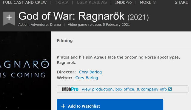 God of War Ragnarök se estrenaría el 5 de febrero de 2021, según IMDb. Foto: Twitter