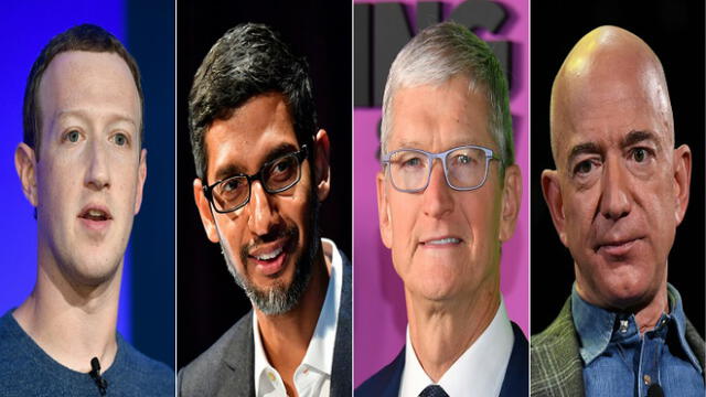 (COMBO) This combination of pictures created on July 07, 2020 shows (L-R) Facebook CEO Mark Zuckerberg in Paris on May 23, 2018, Google CEO Sundar Pichai Berlin on January 22, 2019, Apple CEO Tim Cook on October 28, 2019 in New York and Amazon Founder and CEO Jeff Bezos in Las Vegas, Nevada on June 6, 2019. - US lawmakers will grill the chiefs of Amazon, Apple, Facebook and Google on July 29 about how they wield marketplace power in what promises to be a rare political spectacle. The House of Representatives hearing comes amid rising concerns over Big Tech dominance, which has become even more pronounced during the coronavirus pandemic. The CEOs of four of the world's most powerful companies will testify remotely, less than 100 days before the US election. (Photos by AFP)