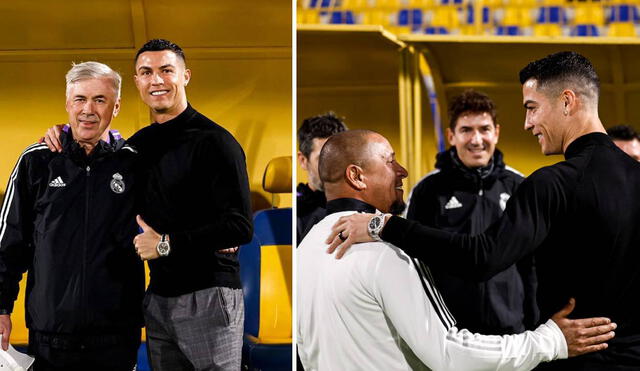 Cristiano Ronaldo se muestra feliz con Carlo Ancelotti y Roberto Carlos. Foto: Twitter/Real Madrid