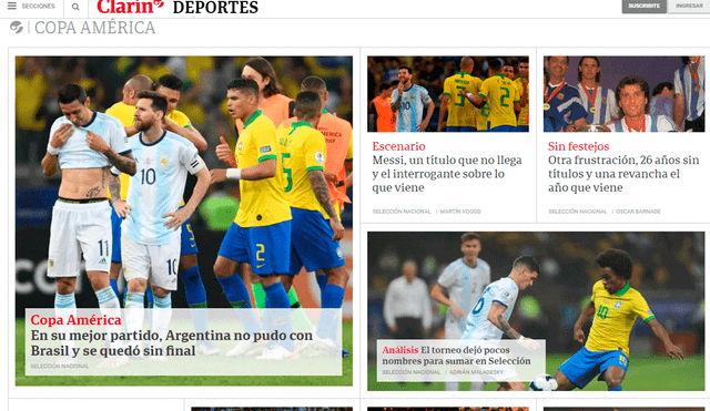 Prensa argentina reaccionó tras la eliminación de su selección ante Brasil en la Copa América 2019. | Foto: Clarín