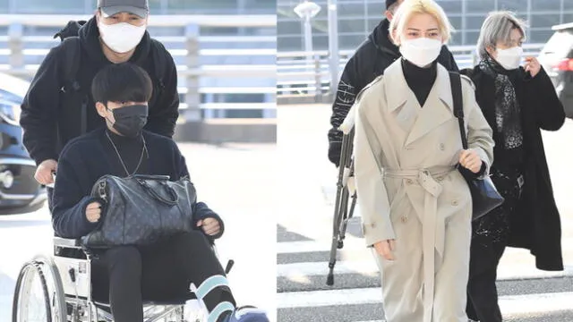ATEEZ en el aeropuerto de Incheon, antes de abordar vuelo a España. Jongho se recupera de una fractura en la pierna.