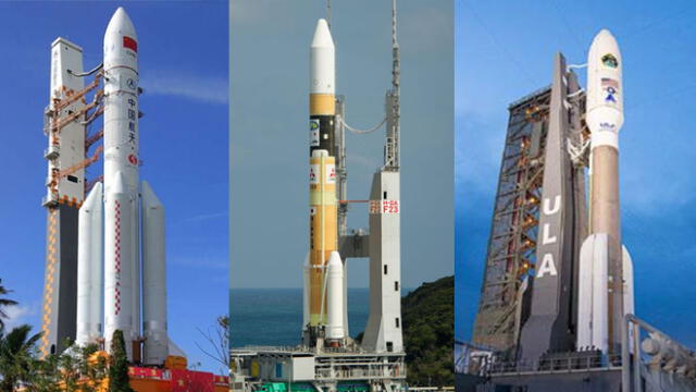 De izquierda a derecha: cohetes que lanzarán naves de China, Emiratos Árabes y Estados Unidos (NASA). Fotos: Xinhua / NASA.